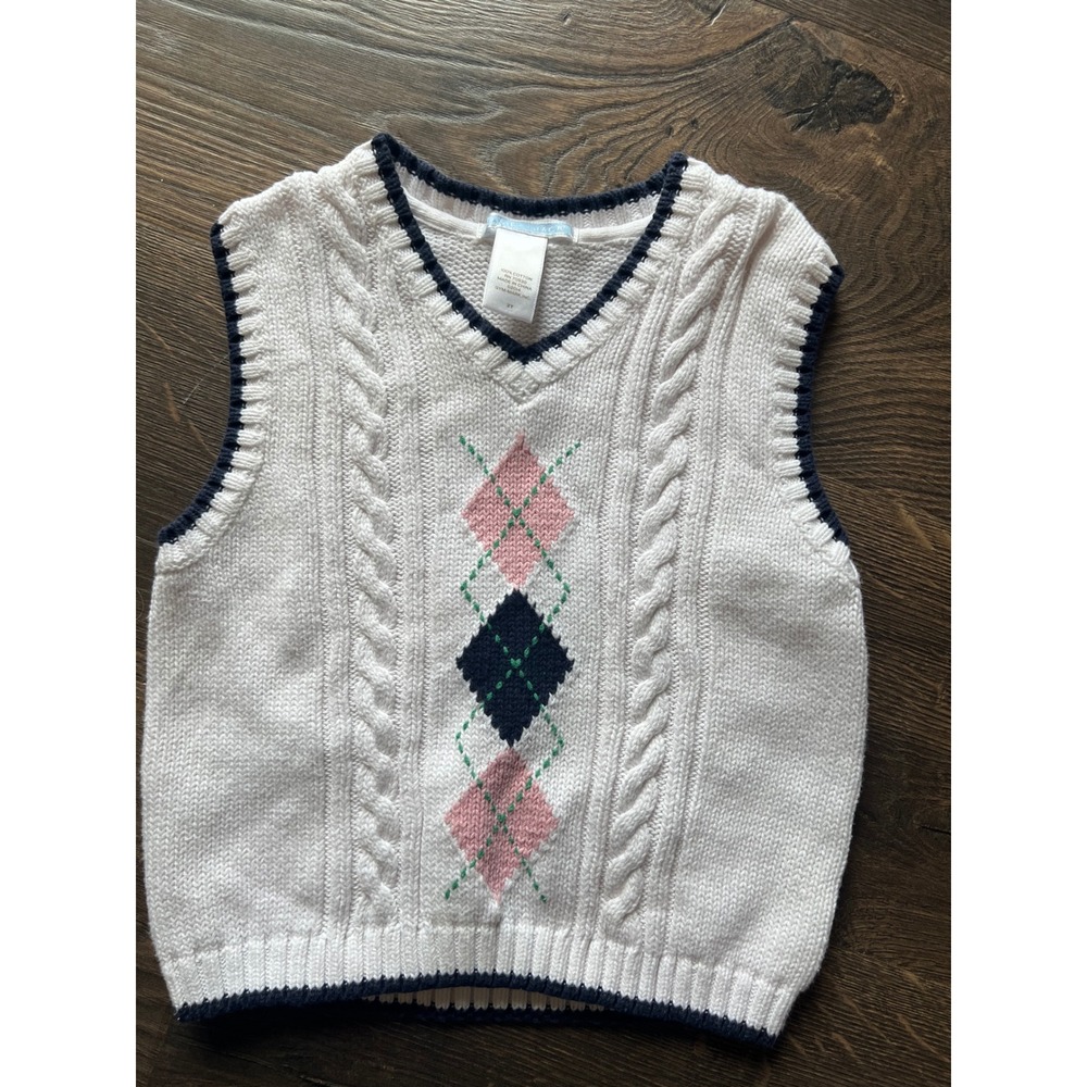 Janie and Jack Boys White Argyle Cable Knit Cotton Sweater Vest 2T Navy Pink